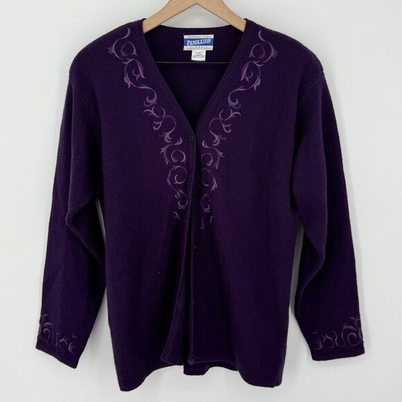 Pendleton Purple Embroidered 100% Wool Cardigan Women’s Size Large VTG - Picture 1 of 4